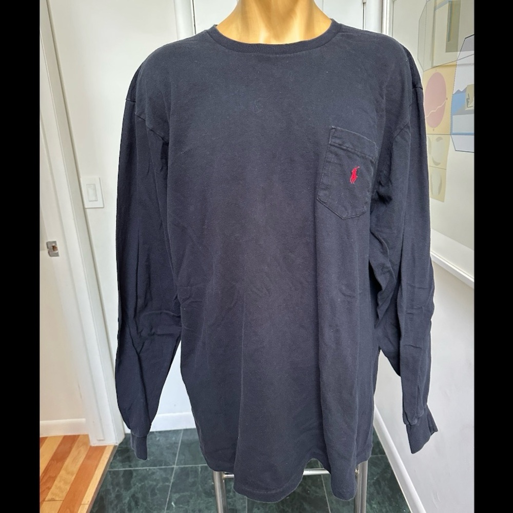 VINTAGE 1990s POLO RALPH LAUREN LONG SLEEVE BLACK TSHIRT 100% COTTON POCKET XL